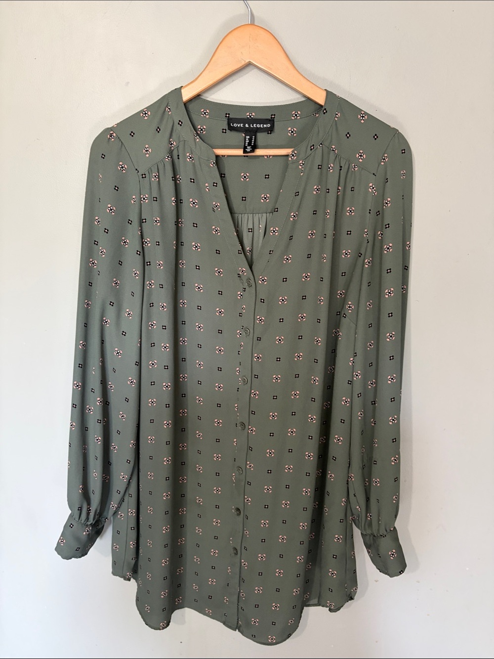 Love & Legend Olive Green Printed Button-Down Blouse